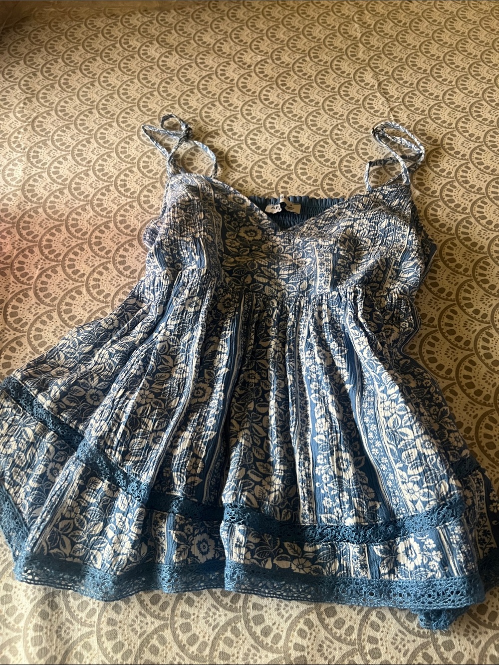y2k top Blue and White Floral Smocked Tank